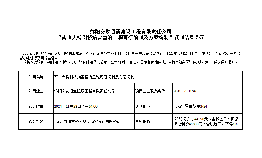 綿陽交發(fā)恒通建設(shè)工程有限責(zé)任公司“南山大橋引橋病害整治工程可研編制及方案編制”談判結(jié)果公示.png