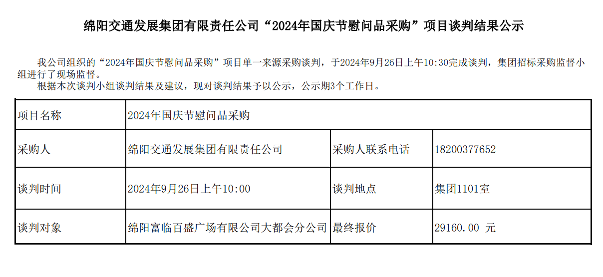 綿陽交通發(fā)展集團有限責任公司“2024年國慶節(jié)慰問品采購”項目談判結果公示.png